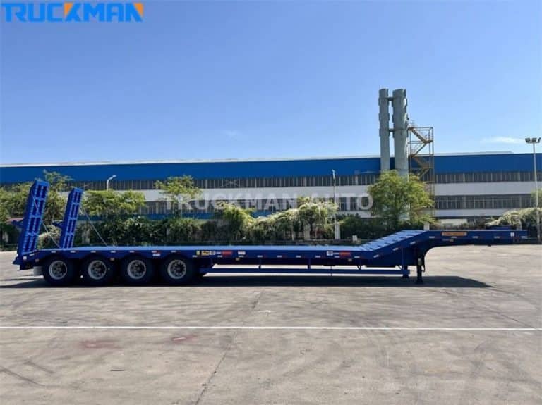 Semirremolque de plataforma baja personalizable en TRUCKMAN, que ilustra las posibles modificaciones para el transporte de carga especializada.
