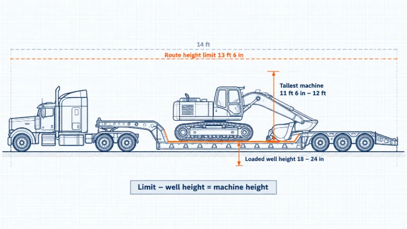 Diagrama de la altura de carga lowboy: el límite de ruta menos la altura del pozo cargado determina la máquina más alta que encaja