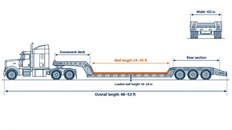 Diagrama lateral de un remolque lowboy que muestra que solo el pozo entre las dos caídas de la plataforma está bajo