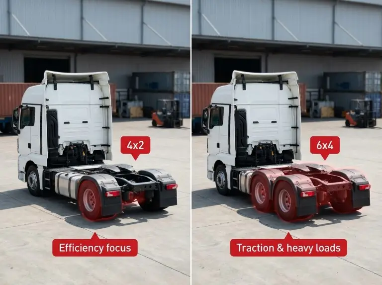 Comparación lado a lado de los camiones tractores Shacman 4x2 y 6x4 con ejes motrices resaltados