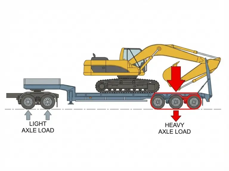 Diagrama lateral que muestra una distribución desigual de la carga por eje al arrastrar una excavadora en un remolque de plataforma baja