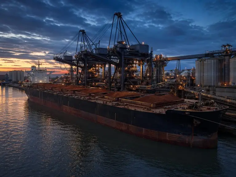 Un gran buque granelero atracó en una terminal portuaria industrial de aguas profundas, grúas cargando mineral de hierro en bodegas abiertas al anochecer