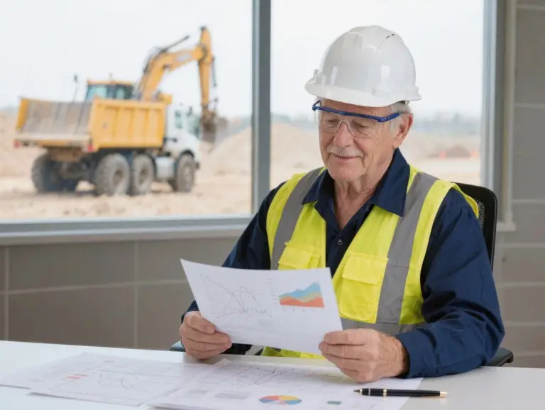 Ingeniero revisando documentos de levantamiento de pendiente del sitio en un escritorio con la flota de camiones volquete visible a través de la ventana al fondo