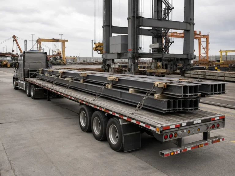 Semirremolque comercial de plataforma cargado con vigas estructurales de acero en patio de carga industrial, plataforma abierta con sujeciones de cadena