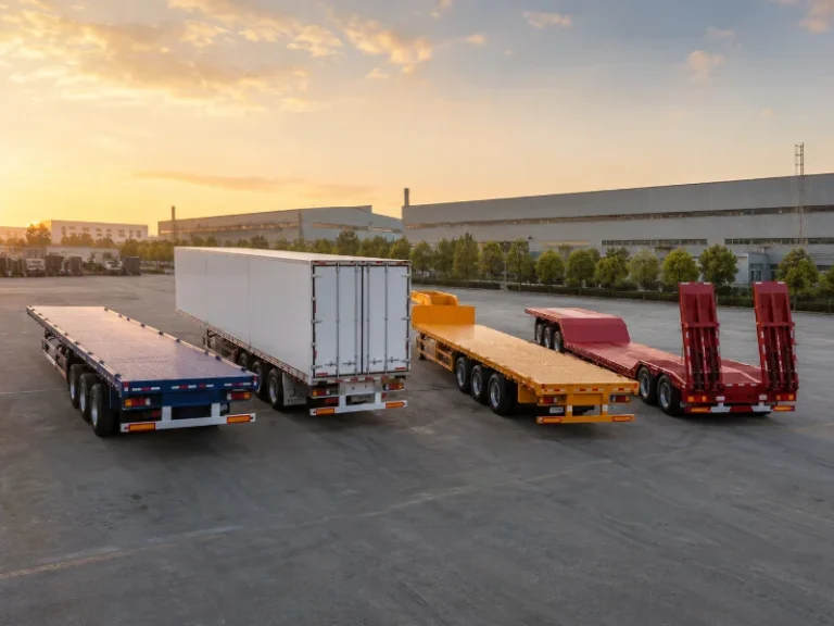 Una fila de semirremolques, incluyendo plataformas planas, dry van y lowboy, se alineó en un depósito del fabricante