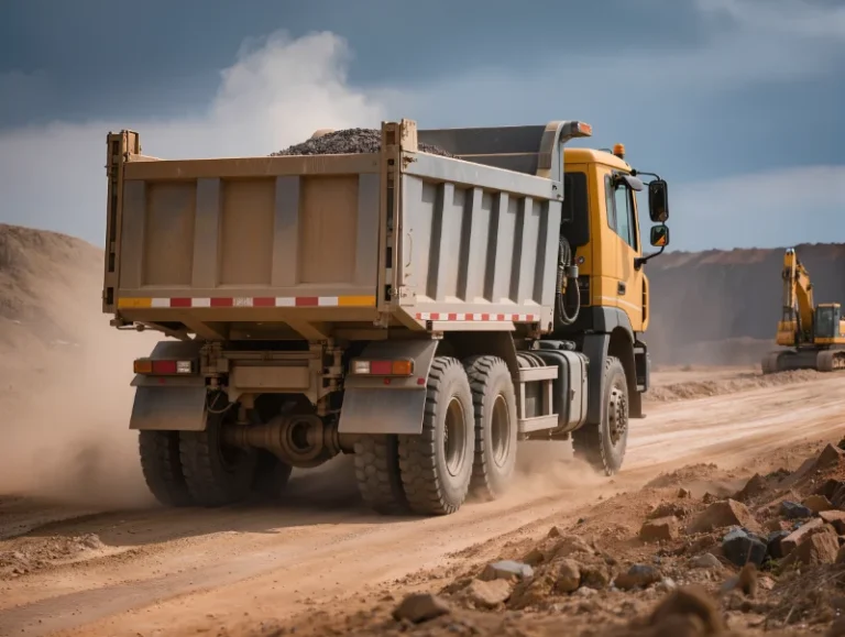 Cargado camión volquete HOWO 6x4 transportando áridos por una carretera sin asfaltar